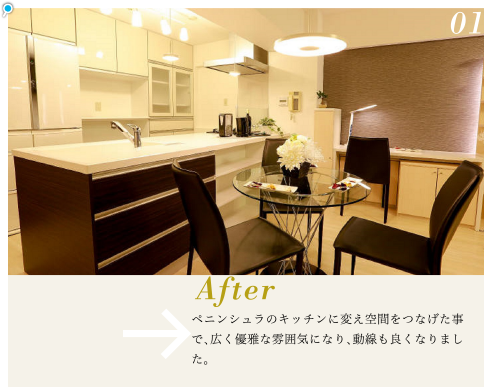 ペニンシュラのキッチンに変え空間をつなげた事で、広く優雅な雰囲気になり、動線も良くなりました。